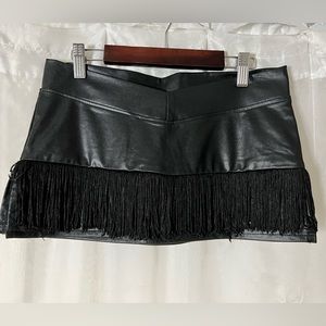 Black Pleather Mini Skirt with Black Fringe Accent & Slight V Shape Waistline